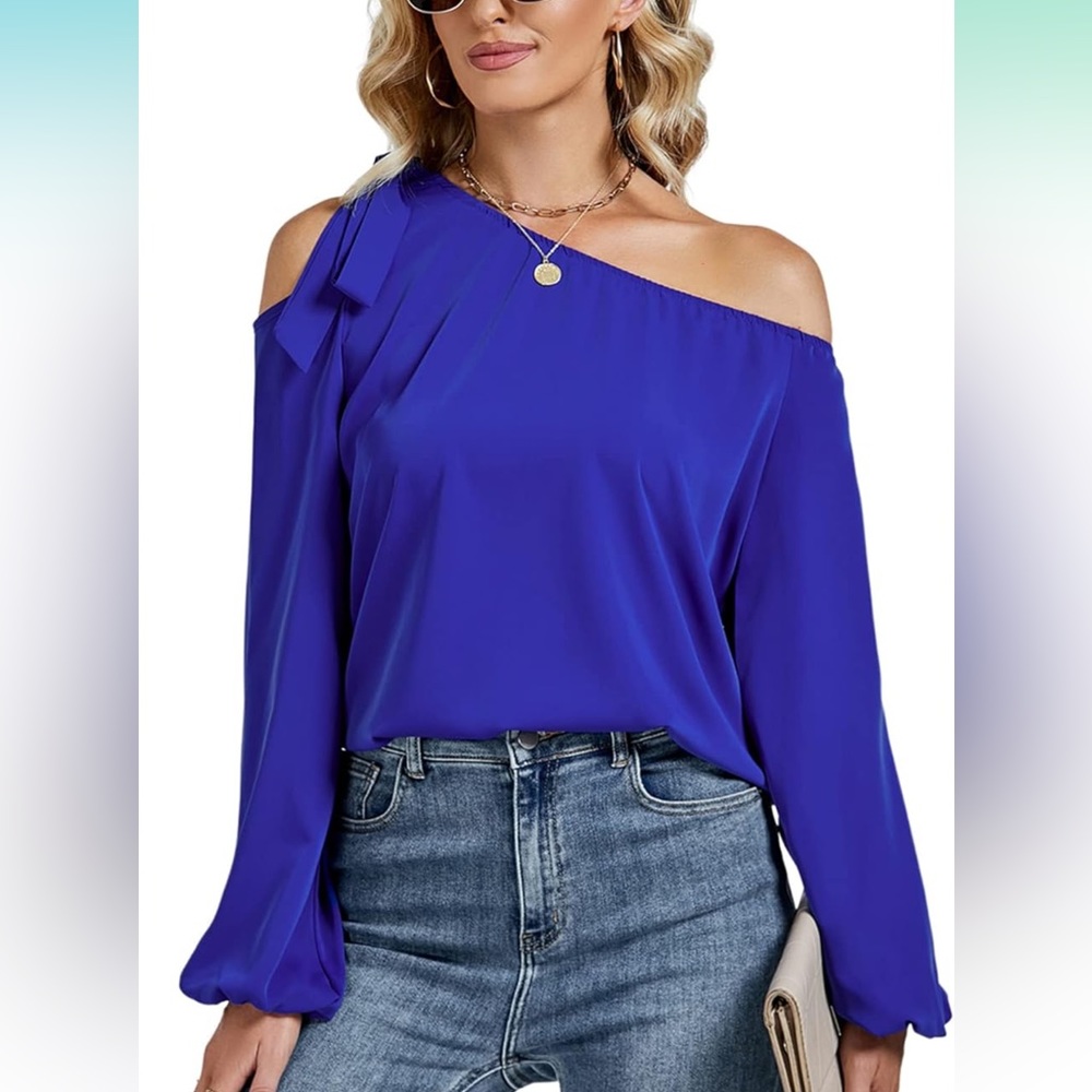 LYANER Womens Off Shoulder Lantern Long Sleeve Asymmetrical Neck Tie Knot Blouse